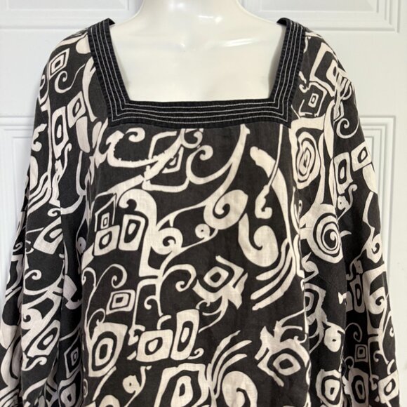Black White Abstract Print Tunic Blouse Square Neck Oversized Boho Top - Picture 8 of 11